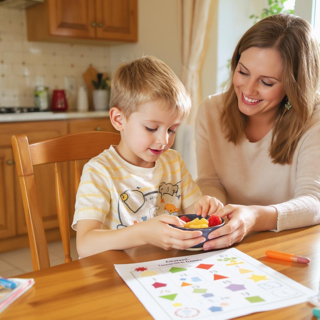 happy kid with his mother in kitchen